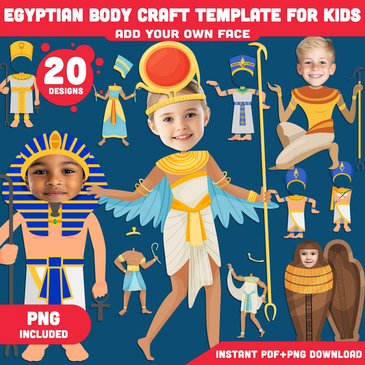 Egyptian Body Craft Template for Kids – Add Your Face to Ancient Characters, Cut and Paste Art for Preschool & Elementary, 20 Printable Pages, PDF + PNG