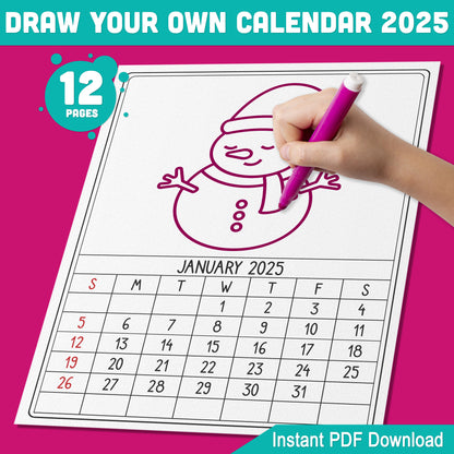 DIY Calendar 2025 for Kids: 12-Month Blank Templates to Personalize with Artwork, 8.5x11 Inches, PDF Instant Download