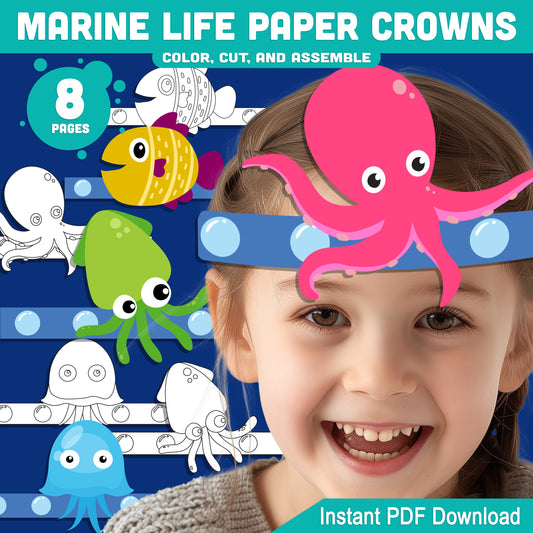 Marine Life Paper Crowns – Printable 8-Page Set with Pre-Colored + Black & White Sea Creatures, Great for Crafts and Pretend Play Activities