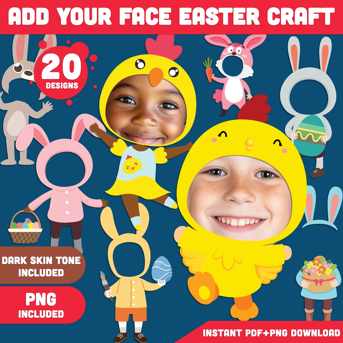 Printable Easter Craft for Kids: Add Your Face Bunny & Chick Art, Fun Body Templates for Bulletin Boards, Spring Classroom Activity, Light + Dark Skin Tone, PDF + PNG
