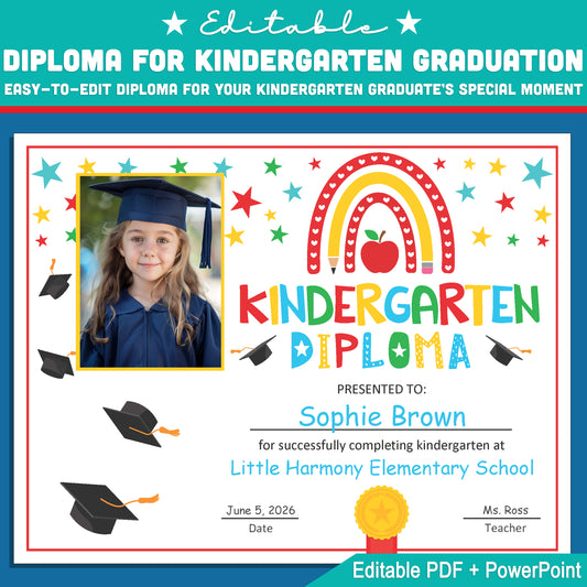 Rainbow Kindergarten Moving Up Diploma with Student Photo – Editable Graduation Template in PowerPoint & PDF for Year-End Celebration