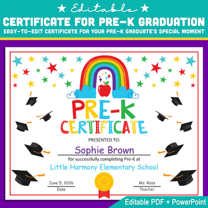 Editable Pre-K Certificate Template, Customizable for Graduation and End of Year, Letter Size PDF + PowerPoint, Instant Download for Quick Customization