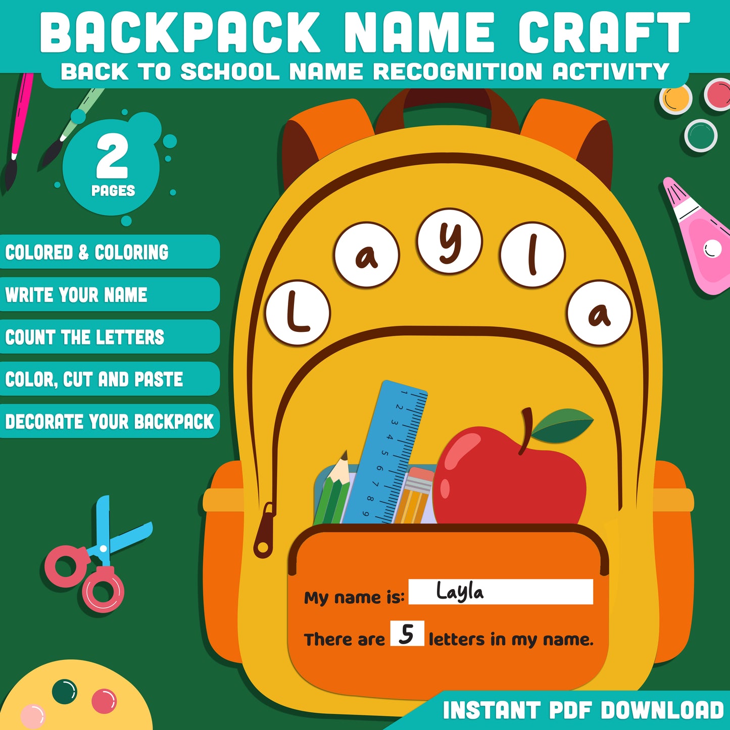 Backpack Name Craft, Classroom Introduction Resource, Letter Learning Activity, Student Keepsake Creation, Printable PDF