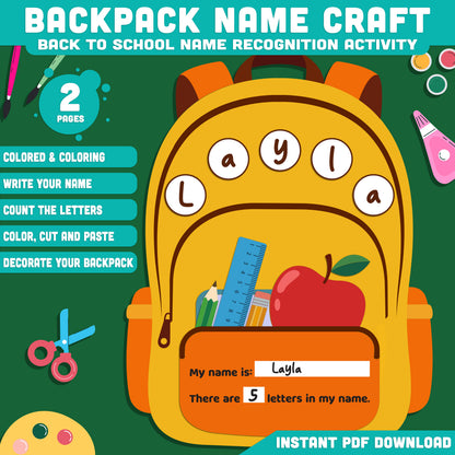 Backpack Name Craft, Classroom Introduction Resource, Letter Learning Activity, Student Keepsake Creation, Printable PDF