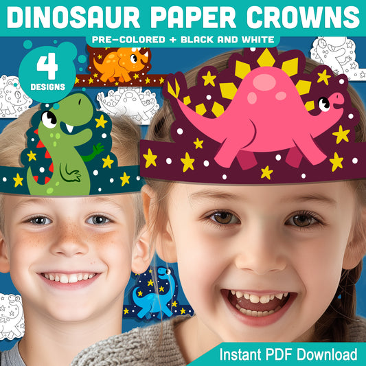 Dinosaur Paper Crowns, Printable Headbands, Color Your Own Paper Hats, Dinosaur Crown Craft, Printable Classroom Activity, US Letter, A4