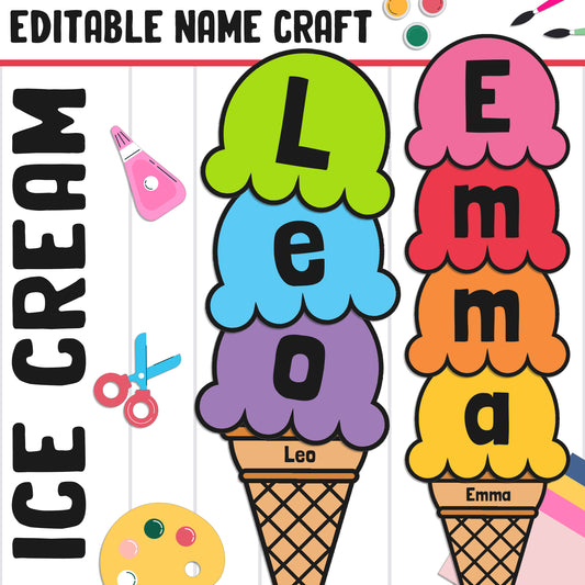 Summer Ice Cream Name Craft Activity: Back to School Bulletin Board, 59 Pages, 3 Sizes, Blank & Editable, Color and Black-and-White Versions