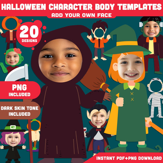 Printable Halloween Character Body Templates for Kids, 10 Designs, Light & Dark Skin Tone Included, High-Res 300 DPI PDF + PNG, Fun Face Craft