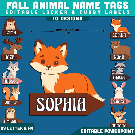 Fall Animal Name Tags, Editable Locker & Cubby Labels, Printable Classroom Organization, Editable PowerPoint, 10 Woodland Designs, US Letter, A4