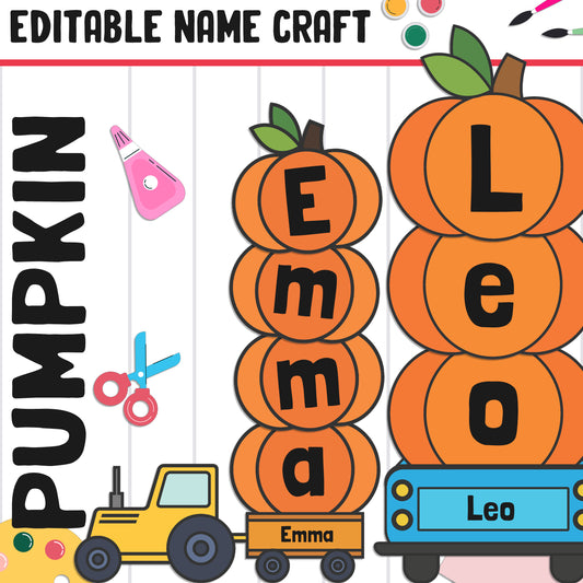 Fall Pumpkin Name Craft Activity: Halloween Bulletin Board, 36 Pages, 2 Sizes+6 Colors, Blank & Editable, Color and Black-and-White Versions