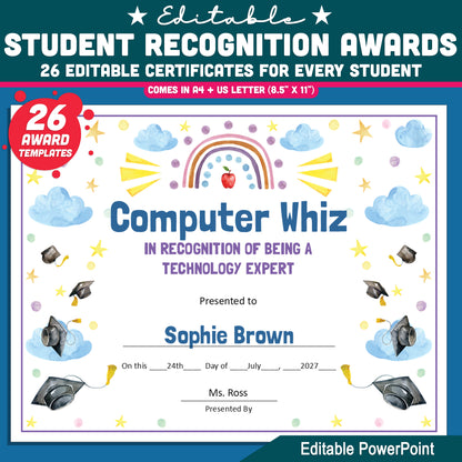 Student Recognition Awards, Personalized Achievement Certificates, 26 Customizable Classroom Honors, PowerPoint, Printable