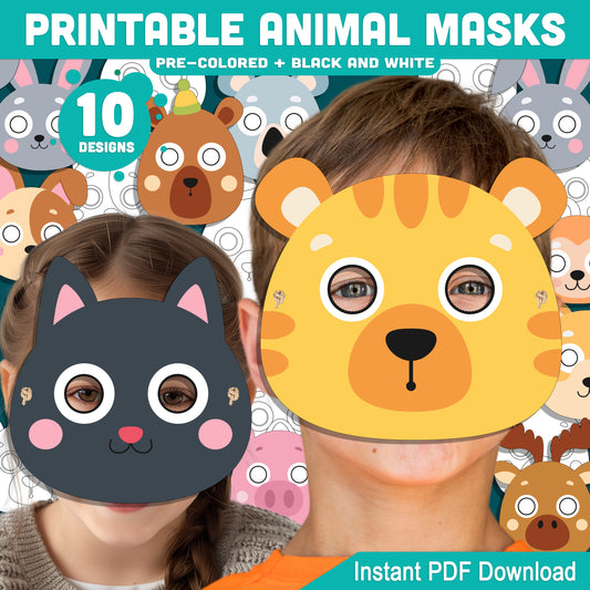 Printable Animal Paper Masks, Kids Color, Cut & Wear Animal Craft, 10 Printable Faces, Pre-Colored, Black and White, Letter, A4 PDF