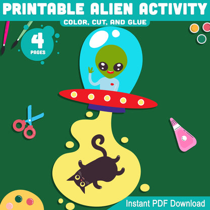 Printable Alien Activity: Fun Cut and Glue Space Craft for Kids, Includes Aliens & Spaceships, 4 Pages, PDF Instant Download
