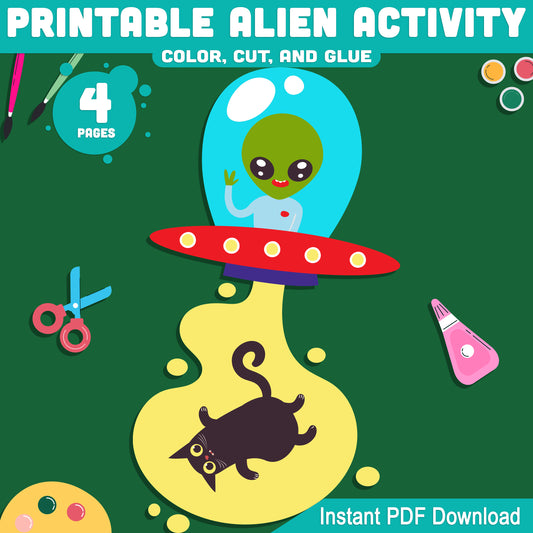 Printable Alien Activity: Fun Cut and Glue Space Craft for Kids, Includes Aliens & Spaceships, 4 Pages, PDF Instant Download