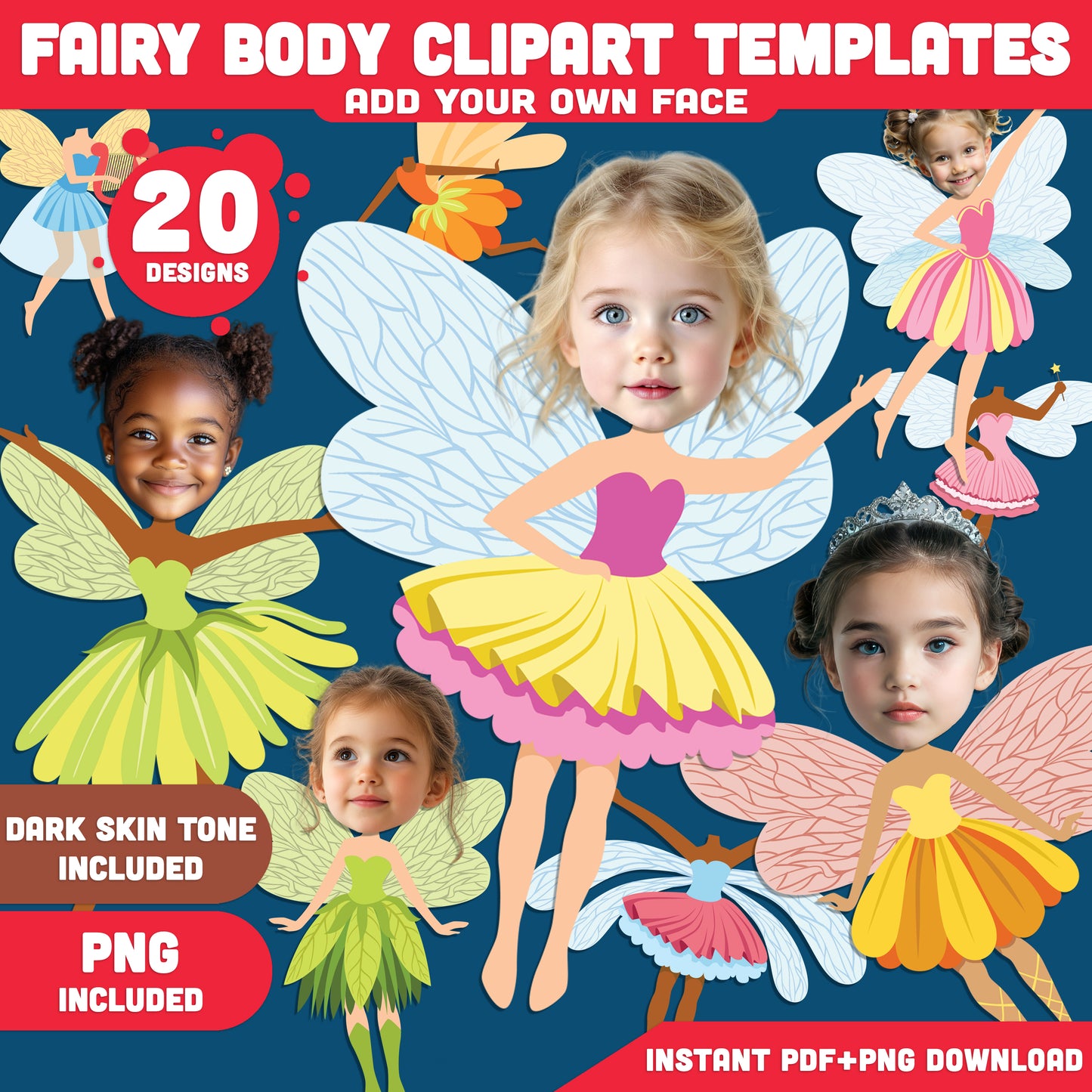 Fairy Body Clipart Templates – Add Your Own Face to 20 Magical Fairy Designs! Light + Dark Skin Tones, PDF + PNG Instant Download