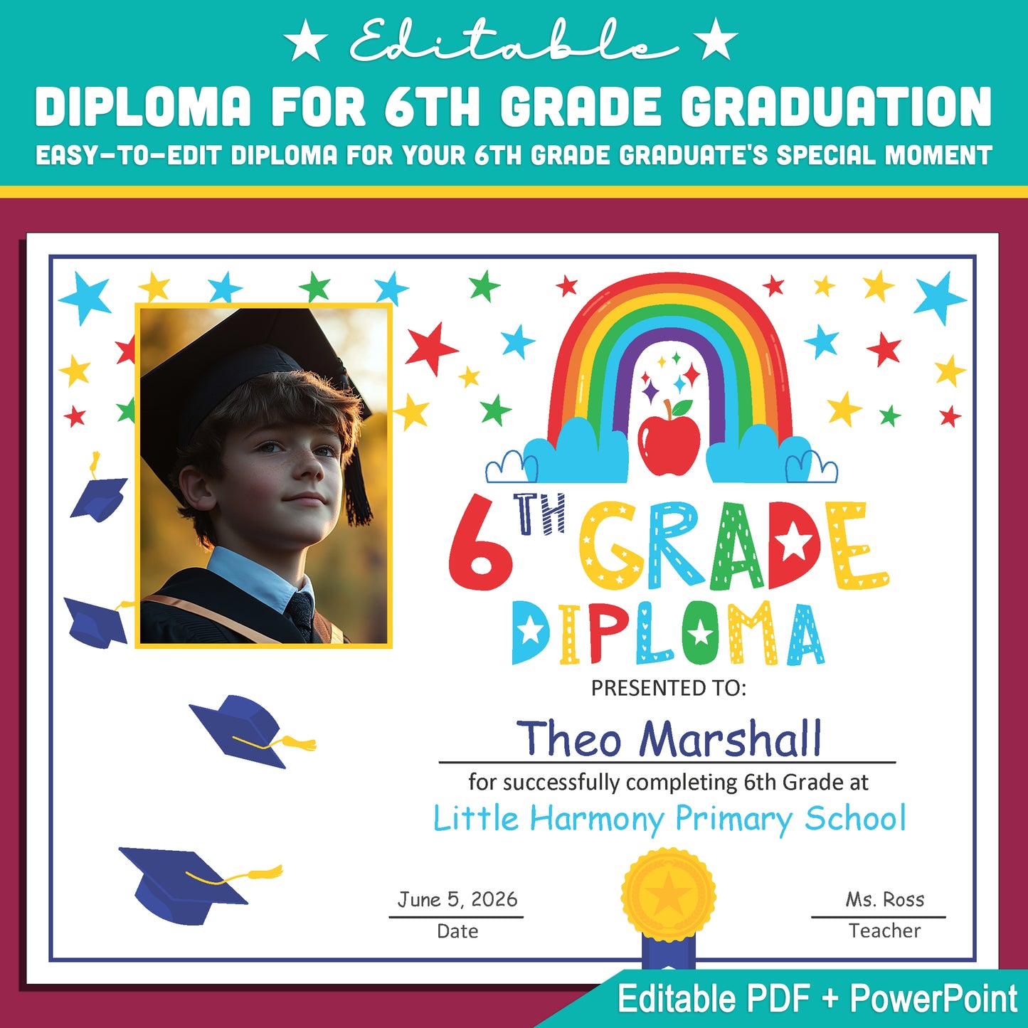 Customizable 6th Grade Diploma Template: Photo-Ready PDF & PowerPoint for Graduation, Milestones, and Recognition Awards, Letter Size