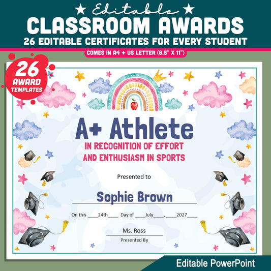 Editable Classroom Awards for Preschool, TK, Pre-K, Kindergarten, and 1st Grade, Recognition Set