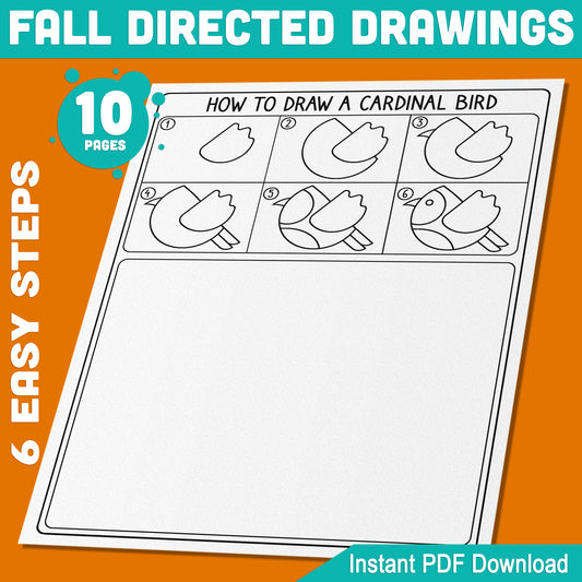 Fall-Themed Drawing & Coloring Set: 5 Pages to Draw a Pumpkin, Acorn, Leaf, Cardinal Bird & Umbrella – Fun for Kids, PDF Download