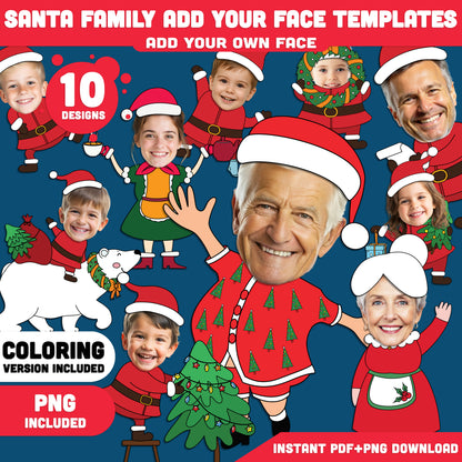 Santa Family Add Your Face Templates, Christmas Family Add Your Photo Crafts, Add Your Own Face Winter Body Templates with Coloring Version, 10 Designs