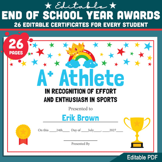 End of School Year Student Awards, Editable Recognition Certificates, 26 Student Awards Pack, Printable Classroom Celebration Materials