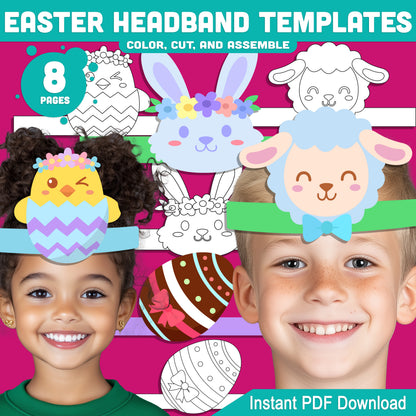 Easter Headband Templates for Kids – Bunny, Chick, Easter Egg & Lamb Wearable Crown Craft, Pre-color + Black & White PDF