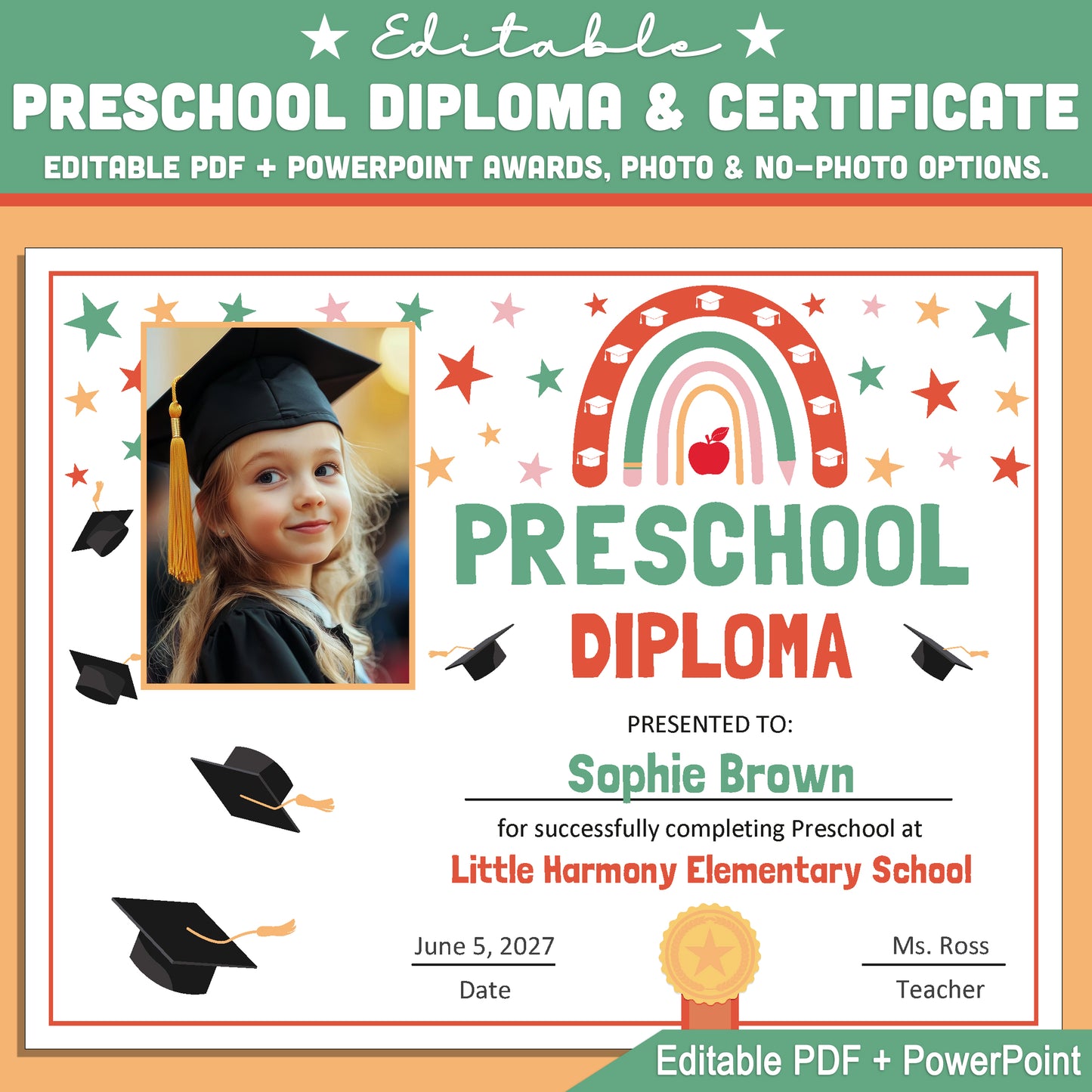 Editable Preschool Graduation Diploma & Certificate Set, Retro Rainbow Stars Theme, 8.5x11 Awards, Photo and No-Photo Options, PDF, PowerPoint