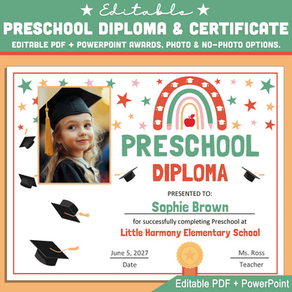 Editable Preschool Graduation Diploma & Certificate Set, Retro Rainbow Stars Theme, 8.5x11 Awards, Photo and No-Photo Options, PDF, PowerPoint
