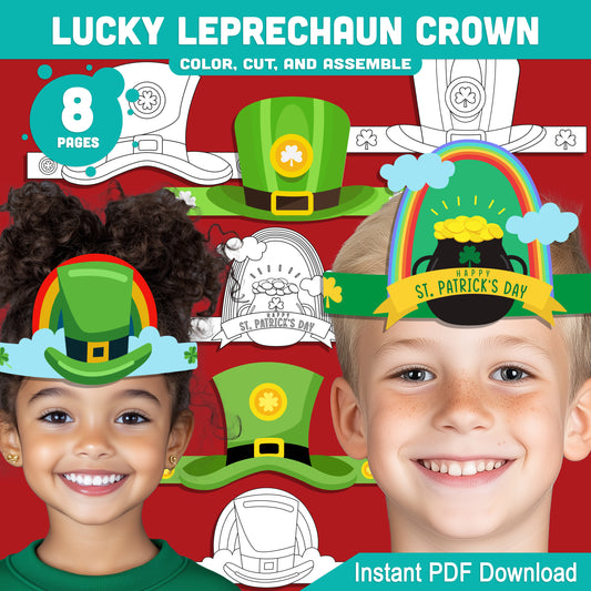 Lucky Leprechaun Crown – St. Patrick’s Day Printable Headband Craft for Kids, Shamrock Wearable Paper Hat Project, Pre-color + Black & White, Color Cut Wear PDF