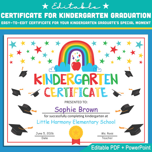 Customizable Kindergarten Graduation Certificate Template, Ideal for End of Year Ceremonies, Letter Size Editable PDF + PowerPoint, Quick and Easy Download