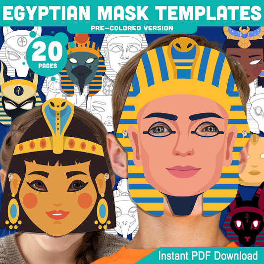 Egyptian Mask Templates for Kids: Printable Pharaoh, Anubis, Cleopatra & More Masks, Pre-Colored & Black and White, Fun PDF Craft Activity