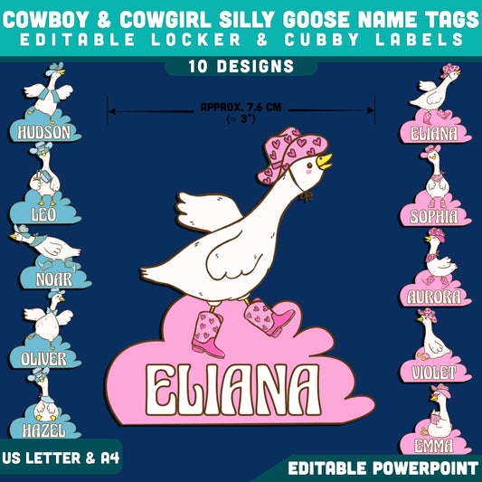 Cowboy & Cowgirl Goose Name Tags, Silly Western Student Decor, Editable PowerPoint Template, Classroom Desk & Cubby Labels