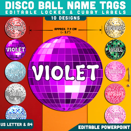 Groovy Classroom Decor, Editable Desk Name Plates, Retro Disco Ball Name Tags, Bright Classroom Labels, PowerPoint Printable, 10 Designs