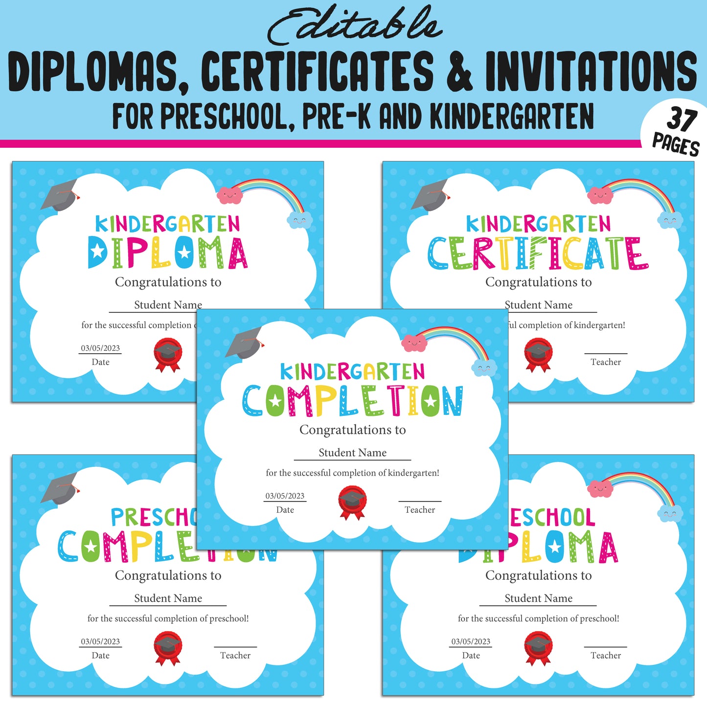 37 Editable Pre-K, Preschool, and Kindergarten Diplomas, Certificates, and Invitations – Instant PDF Download!