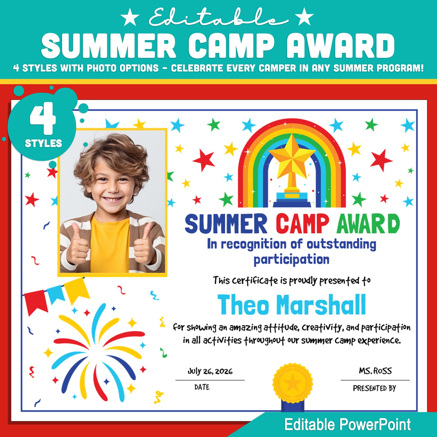 Editable Summer Camp Award – 4 Certificate Styles with Photo Options to Celebrate Camp Stars in STEM, Arts, Music, or Any Summer Program