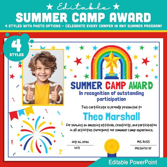 Editable Summer Camp Award – 4 Certificate Styles with Photo Options to Celebrate Camp Stars in STEM, Arts, Music, or Any Summer Program
