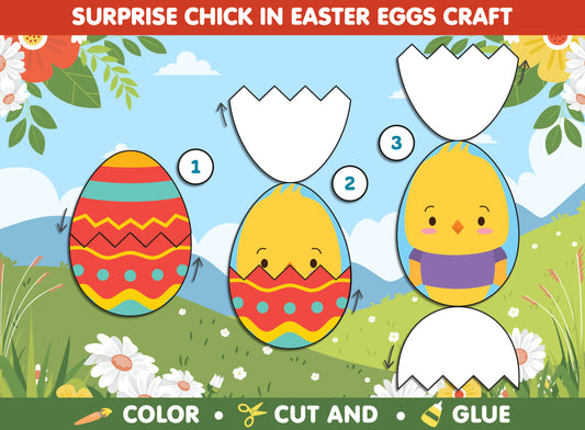 Get Crafty with Surprise Chick Easter Eggs: Color, Cut, & Glue Fun! Available in Vibrant Color and Coloring Versions - Instant PDF Download