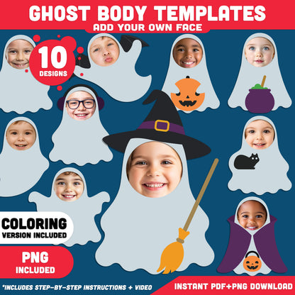 Ghost Templates, Halloween Craft for Kids, Add Your Own Face Activity, 10 Unique Designs, PDF + PNG Files, Coloring Version Included, 300 DPI, A4