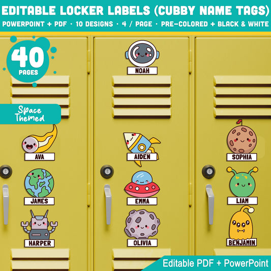 Space Themed Cubby Name Tags & Editable Locker Labels – 40 Printable Pages, PDF + PowerPoint, Back to School, Instant Download
