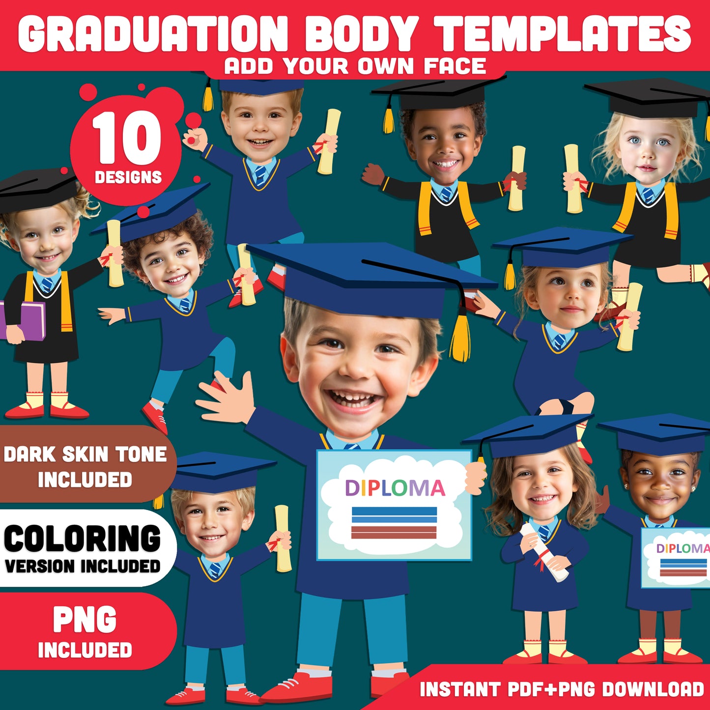 Add Your Own Face Graduation Craft, Graduation Body Templates for Kids, Fun Photo Insert Activity, Coloring Version Included, Printable Set