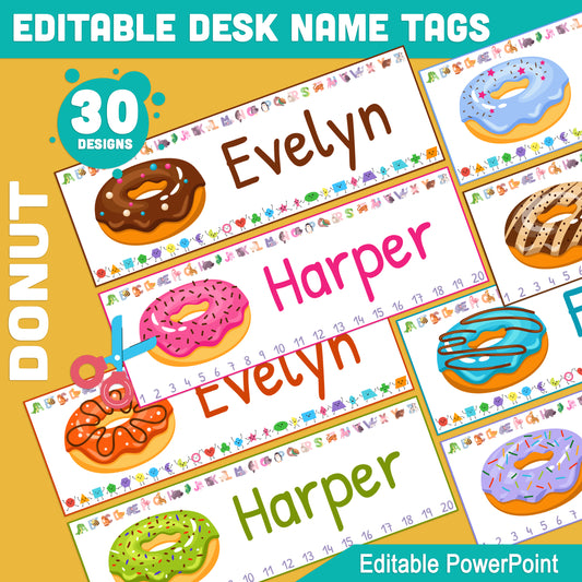 Editable Desk Name Tags for Students: Tasty Donuts, 30 Designs, 8.5"x11", 2/Page, Size 10"x3.25", Includes Alphabet, Shapes, Numbers 1-20