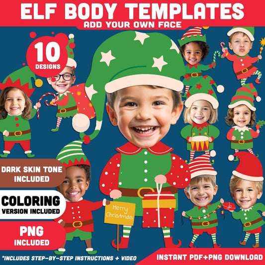 Elf Body Templates, Christmas Add Your Own Face Craft, 10 Unique Designs, Light & Dark Skin, Printable PDF + PNG, Coloring Version Included