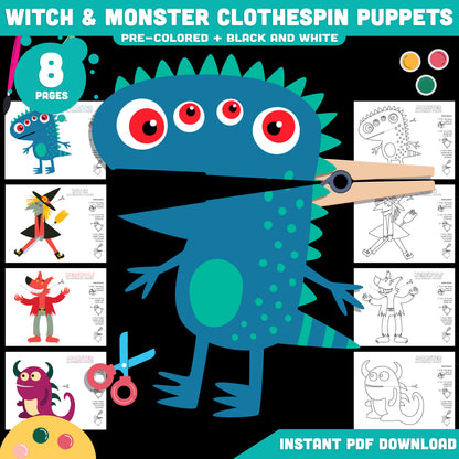 Halloween Fine Motor Craft for Kids, Monster Witch Werewolf Puppets