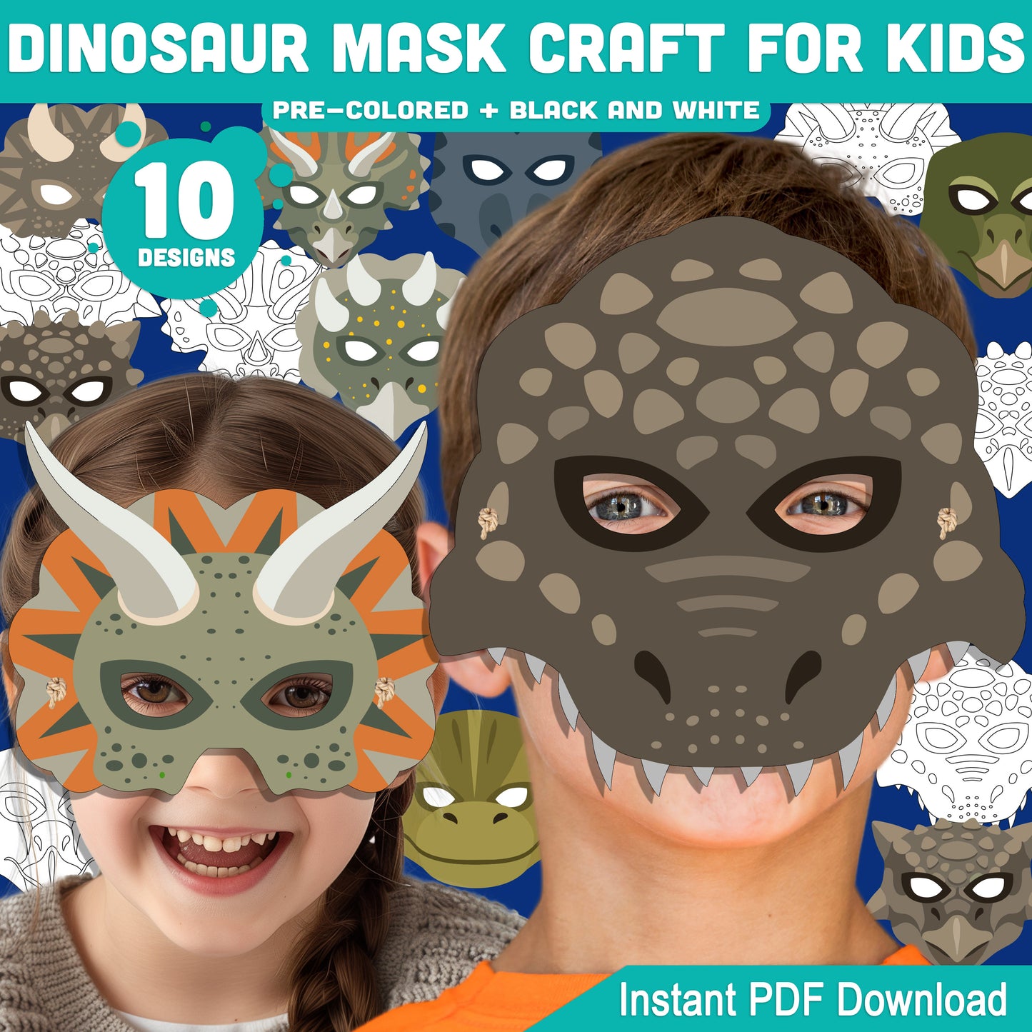 Dinosaur Face Coverings Printable, Prehistoric Character Outlines, Toddler Role Play Resource, Early Learning Craft Center, 10 Designs, Precolored Black and White, 8.5 x 11, Instant PDF Download
