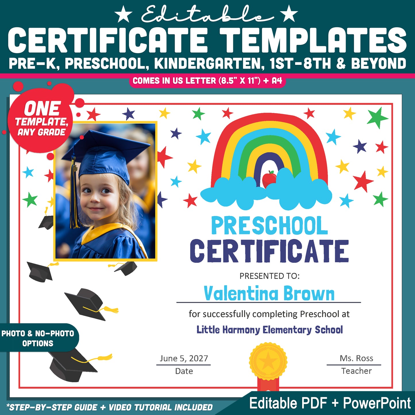 Editable Certificate Templates, Printable Awards for Any Grade, PDF and PowerPoint, Photo and No-Photo Styles