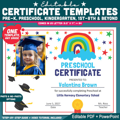 Editable Certificate Templates, Printable Awards for Any Grade, PDF and PowerPoint, Photo and No-Photo Styles