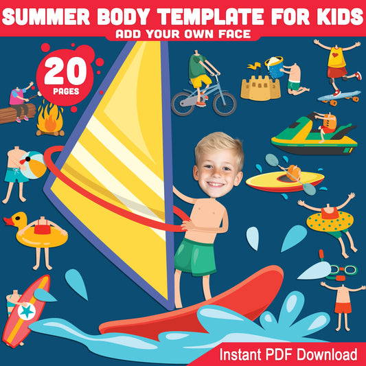Summer Body Template for Kids: Beach, Outdoor & Camping Printable Activity, Add Your Face Craft, 20 Pages PDF, Dark Skin Tone Included