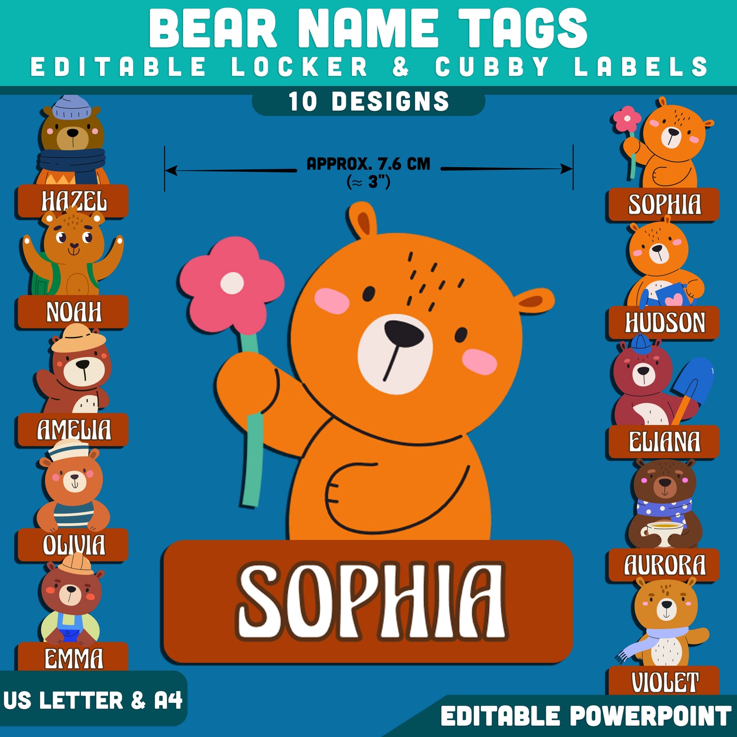 Bear Name Tags, Editable Locker & Cubby Labels, Cheerful Animal Classroom Theme, PowerPoint Template, 10 Designs, Student Spaces, US Letter, A4