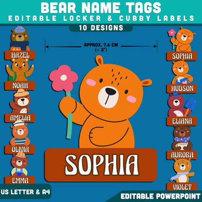 Bear Name Tags, Editable Locker & Cubby Labels, Cheerful Animal Classroom Theme, PowerPoint Template, 10 Designs, Student Spaces, US Letter, A4
