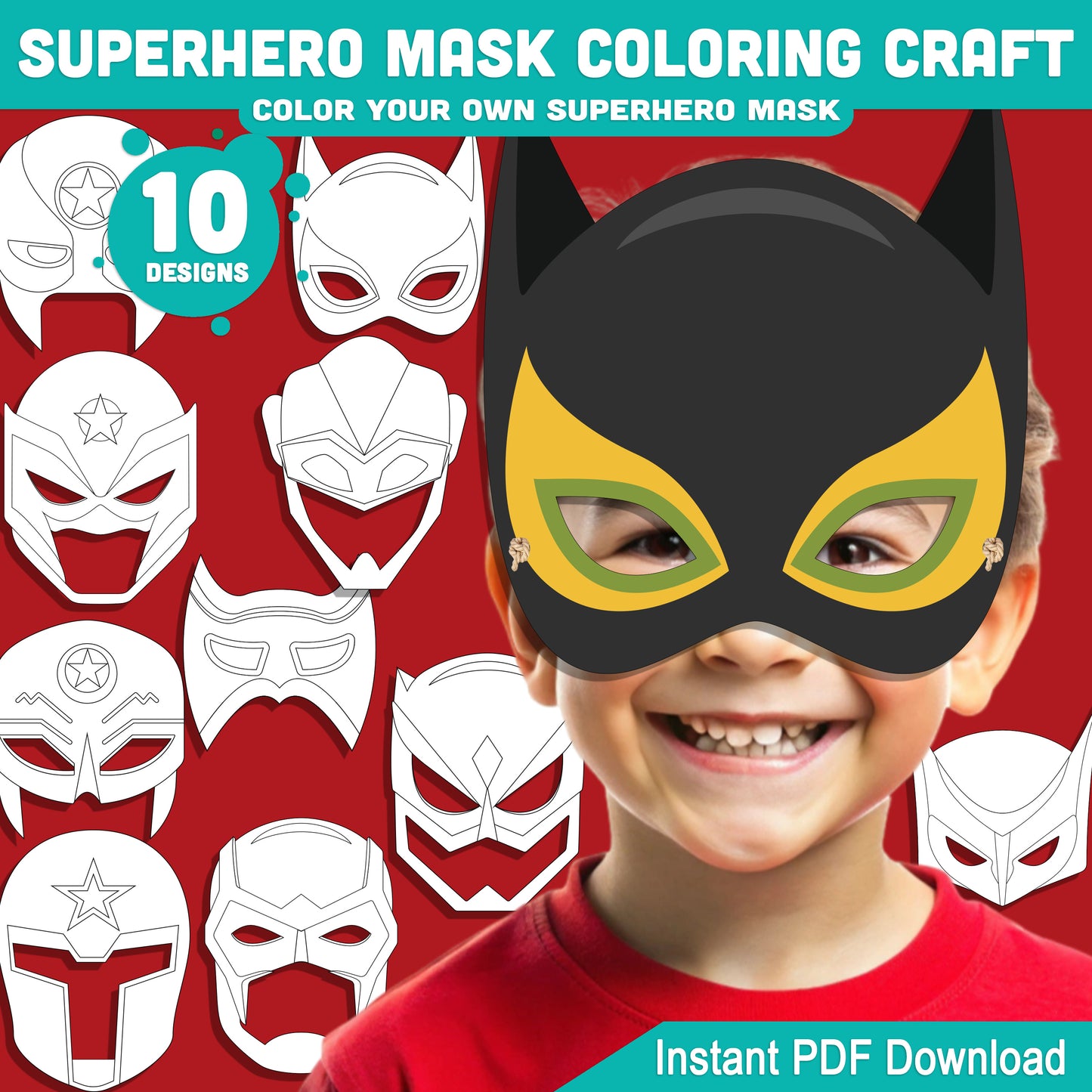 Superhero Mask Coloring Craft, Color Your Own Superhero Mask Pack, Printable Kids Creative Activity, Cut and Wear Art Project