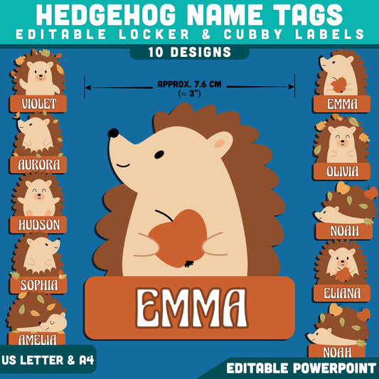 Hedgehog Name Tags, Nature-Inspired Classroom Decor, Editable Locker & Cubby Labels, PowerPoint Template, 10 Designs, Student Spaces, US Letter, A4