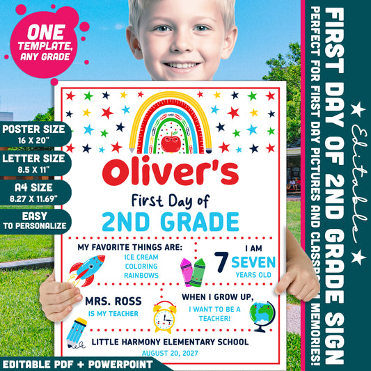 Editable First & Last Day of 2nd Grade Sign, Printable Back to School Picture Board, PDF and PowerPoint, 16x20" Poster
